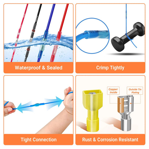 Front view of Kuject heat shrink wire connectors kit, waterproof and sealed, assorted terminals.
Close-up of blue insulated wire connector showing tight crimp sleeve.
Installed view showing tight connection as blue heat-shrink connector is pulled.
Cross-section of terminal: copper inside, tin-plated outside for corrosion resistance.