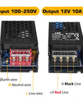 Ultra Compact 12 Volt 10 Amp 120 Watt Switching Power Supply connections for 100-250V input and 12V 10A output.