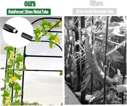 Comparison of Heavy Duty 7.3Ft Cucumber Trellis for Raised Bed Garden Arch with Net showing reinforced 19mm rustproof steel support