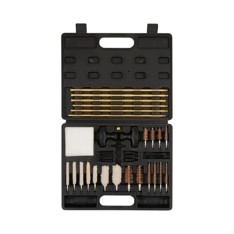 Open case displaying Krome Universal Gun Cleaning Kit 35 Piece Set For Rifles Shotguns And Pistols with brass rods and brushes.
