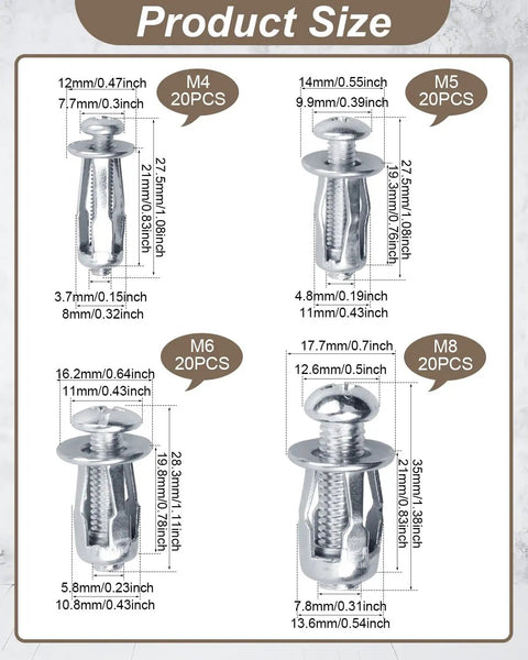 Top Notch Heavy Duty Expansion Screw Kit Featuring 40 Pcs M4 M5 M6 M8 Petal And Jack Nuts showing size details for each nut.