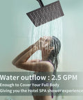 8 Inch Square Rain Shower Head With High Pressure Spray, Stainless Steel Black Finish, water streaming, woman showering