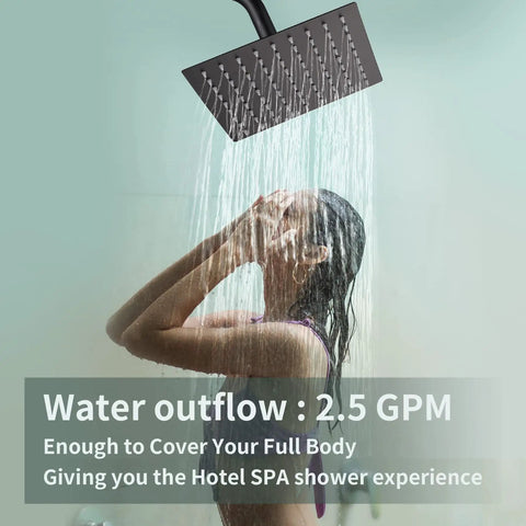 8 Inch Square Rain Shower Head With High Pressure Spray, Stainless Steel Black Finish, water streaming, woman showering