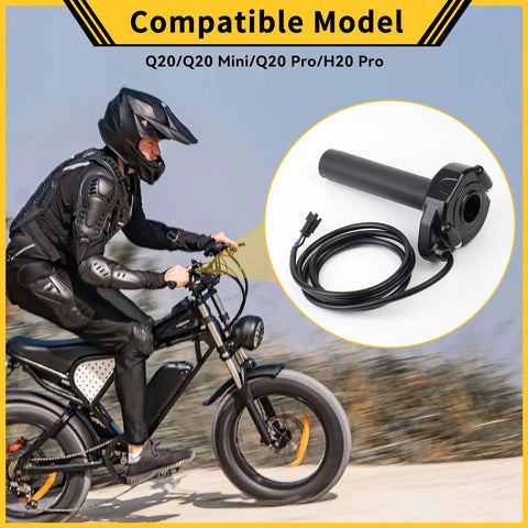 Full Twist Throttle With Ignition Switch for Electric Dirt Bikes, shown with Q20 model on trail ride