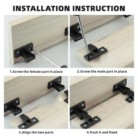 Installation instructions for 20 Piece Push On Furniture Panel Clips With Dead Easy Hidden Cabinet Mounting showing steps.
