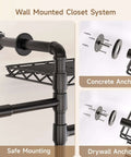 Industrial Pipe Wall Mounted Garment Rack With Walk In Closet System showing installation with concrete and drywall anchors
