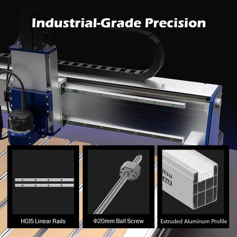 Massive 2x2 Ft CNC Router With 710W Spindle Closed Loop Steppers WiFi Enabled And App Controlled, showing industrial-grade components like HG15 linear rails and Φ20mm ball screw.