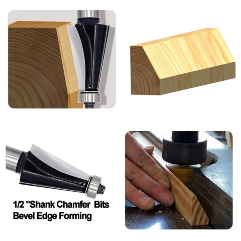 Chamfer Router Bit Half Inch Shank With Ten Degree Carbide Two Flute Edge Bevel Cutter For Miter Joints in action