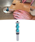 Premium Carbide Double Bearing Spiral Flush Trim Router Bit For Woodworking Pros 1/2 Inch Shank being used on a wooden board.