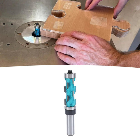 Premium Carbide Double Bearing Spiral Flush Trim Router Bit For Woodworking Pros 1/2 Inch Shank being used on a wooden board.
