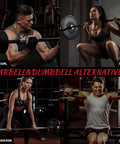 Athletes performing exercises demonstrating barbell and dumbbell alternatives, including biceps curl, squat, bent-over row, and lift.