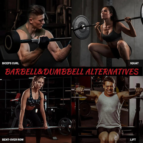 Athletes performing exercises demonstrating barbell and dumbbell alternatives, including biceps curl, squat, bent-over row, and lift.