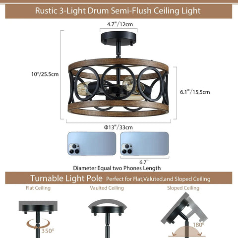 Black Drum Ceiling Light Modern Semi Flush Mount 3-Light Fixture, wood grain look, round metal shade, 13-inch diameter.