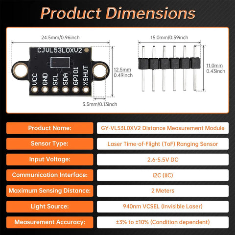 Diagram showing dimensions and specifications of Four Pack VL53L0X Time Of Flight Laser Ranging Sensor Breakouts for Arduino GYVL53L0XV2.