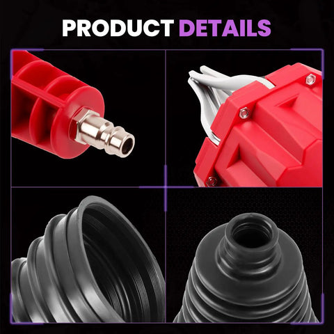 Close-up of Universal CV Joint Boot Installation Tool Kit components, showing red handle, metal clamps, and black silicone boots.