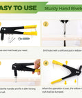 Instruction guide showing steps to use Heavy Duty Manual Riveter Kit With 6 Size Aluminum Blind Rivets Assortment 226 Pcs for DIY projects.