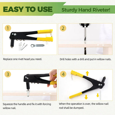 Instruction guide showing steps to use Heavy Duty Manual Riveter Kit With 6 Size Aluminum Blind Rivets Assortment 226 Pcs for DIY projects.
