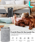 Child and dog relaxing near air purifier with Shark HP200 Series Replacement 3 In 1 True HEPA Filter, showing filter and icons.