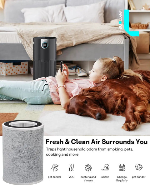 Child and dog relaxing near air purifier with Shark HP200 Series Replacement 3 In 1 True HEPA Filter, showing filter and icons.