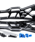 Beefed Up Aluminum Alloy Front And Rear Suspension Arms Upgrade Kit For One Five Scale Traxxas XMAXX RC Monster Truck Upper And Lower Arms CNC Machined For Strength Durability Precision Fit And Anodized Finish bench view