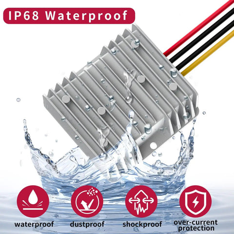 12V To 24V DC Boost Converter 240W 10A Waterproof Fuse Protected Regulator Module with water splash highlighting IP68 rating