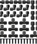 45 Pack Quick Connect Drip Irrigation Fittings Kit For 1/4 Inch Tubing With Push To Fit Connectors Includes Straight Couplers Tees Elbows And End Plugs For Easy Garden Sprinkler System Setup, assortment of black fittings displayed.