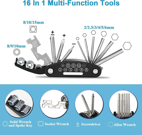 16-in-1 tool from All In One Bike Repair Kit with Mini Pump and 16 in 1 Tool Tire Levers Patch Kit Spoke Wrench and Portable Storage Box