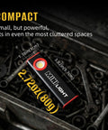 Compact flashlight in toolbox showing dimensions and weight, Two Pack 1600 Lumen EDC Flashlight With Magnetic Clip, Dual LED Spotlight And COB Flood Light, 3 Modes, Ultra Lite Waterproof Pocket Light For Work, Camping, Repairs And Emergencies.