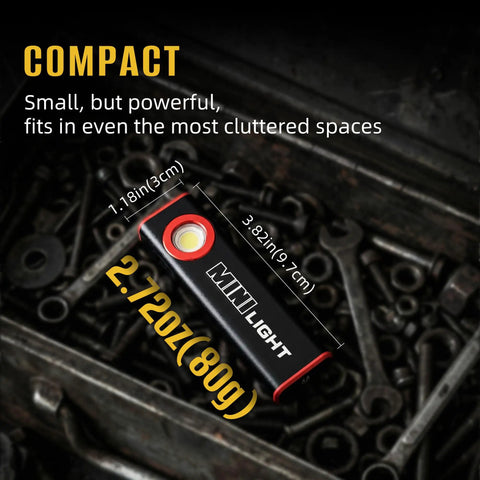 Compact flashlight in toolbox showing dimensions and weight, Two Pack 1600 Lumen EDC Flashlight With Magnetic Clip, Dual LED Spotlight And COB Flood Light, 3 Modes, Ultra Lite Waterproof Pocket Light For Work, Camping, Repairs And Emergencies.