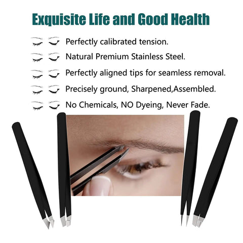 4 In 1 Tweezers Set With Travel Case illustrating eyebrow grooming with precision stainless steel tips