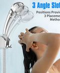 Handheld Shower Head Holder With Two Hanger Hooks And Strong Adhesive No Drill Install Adjustable Wand Bracket Waterproof Chrome Finish Fits Standard Handheld Showerheads And Hoses Easy Mount And Durable Grip showing 3 angle positions next to a person washing hair