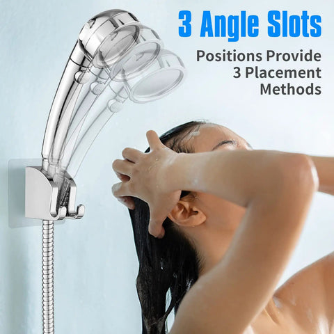Handheld Shower Head Holder With Two Hanger Hooks And Strong Adhesive No Drill Install Adjustable Wand Bracket Waterproof Chrome Finish Fits Standard Handheld Showerheads And Hoses Easy Mount And Durable Grip showing 3 angle positions next to a person washing hair