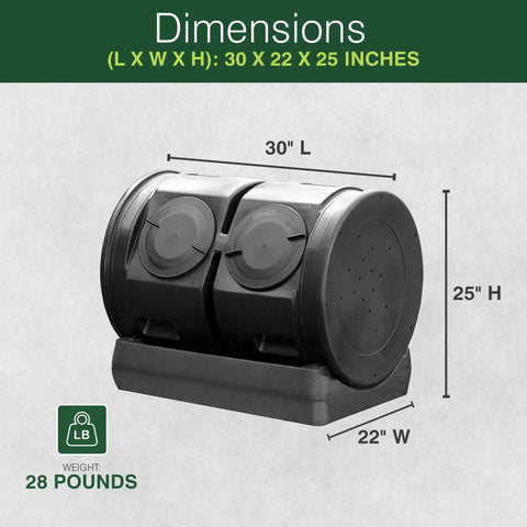 Compost Wizard Dual Tumbler Bin for Outdoor Garden with 7 Cu Ft Total Capacity Two 25 Gallon Chambers Easy No Fuss Maintenance and a Five Gallon Tea Collection Base shown with dimensions 30x22x25 inches