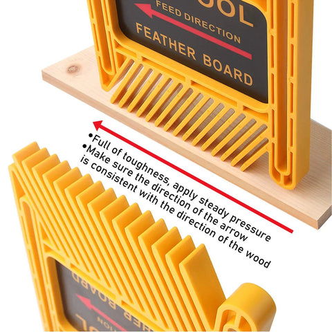 Close-up of Featherboards For Table Saws And Band Saws With Feather Loc Safety System, showing extended fit on a wooden board.
