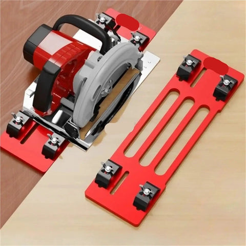 Heavy Duty Adjustable Circular Saw Guide Base Plate Aluminum Universal Rail For Electric Power Saws mounted on wood for straight cuts.