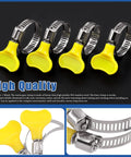 Adjustable hose clamps set with yellow plastic handles, ideal for plumbing and automotive projects, made from durable stainless steel.