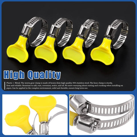 Adjustable hose clamps set with yellow plastic handles, ideal for plumbing and automotive projects, made from durable stainless steel.