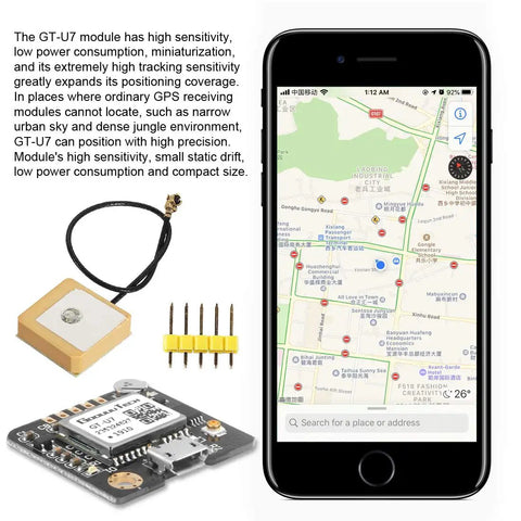 GT U7 GPS Module Two Pack With Plug And Play Setup, shown with components and smartphone displaying map, highlighting high sensitivity