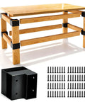Heavy Duty Three Way Corner Bracket Kit Eight Pack For Two By Four Lumber Projects showing brackets, screws, and assembled table.