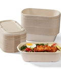 34 Oz Sugarcane Pulp Takeout Containers With Lids Eco Friendly Plastic Free Biodegradable Compostable Microwave Safe To Go Boxes For Meal Prep Pack Of 50, with salad and grilled chicken visible in one container