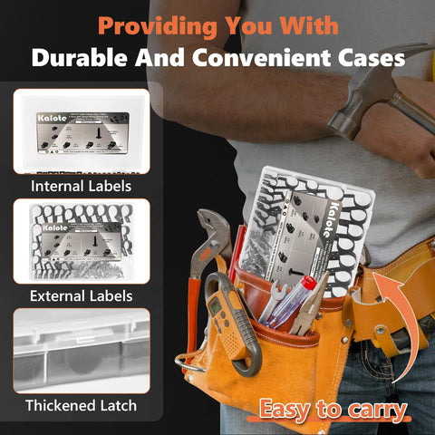Heavy Duty Cable Clamps Kit With 292 Pieces in tool belt, internal and external labels displayed, Kalote brand, easy to carry case