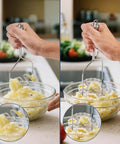 Two Pack Stainless Steel Potato Masher Set With Zigzag Wire And Flower Shaped Hole Heads being used to mash potatoes