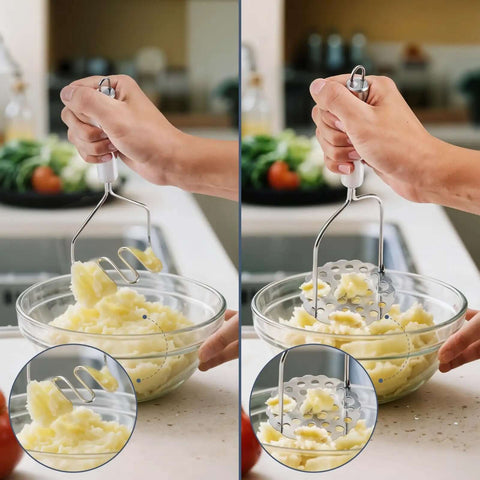 Two Pack Stainless Steel Potato Masher Set With Zigzag Wire And Flower Shaped Hole Heads being used to mash potatoes