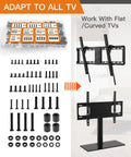 All In One TV Wall Mount Hardware Kit With Box M4 M5 M6 M8 Screws Washers Spacers For VESA Mounting Replacement Set For Most 32 To 80 Inch TVs Monitors Pre Divided Labeled Storage Case Ready To Install, showing contents and application on flat and curved TVs.