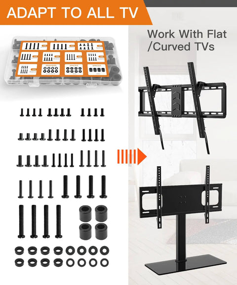 All In One TV Wall Mount Hardware Kit With Box M4 M5 M6 M8 Screws Washers Spacers For VESA Mounting Replacement Set For Most 32 To 80 Inch TVs Monitors Pre Divided Labeled Storage Case Ready To Install, showing contents and application on flat and curved TVs.