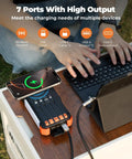 Solar Power Bank With Hand Crank And Four Cables 20000mAh Wireless Portable Charger on desk with phone and laptop charging