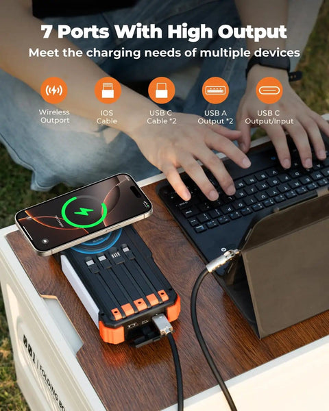 Solar Power Bank With Hand Crank And Four Cables 20000mAh Wireless Portable Charger on desk with phone and laptop charging