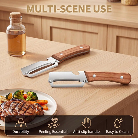 Heavy Duty 2 In 1 Kitchen Peeler With Bottle Opener Thick 1.8mm Stainless Steel Blade Solid Wood Handle right hand friendly