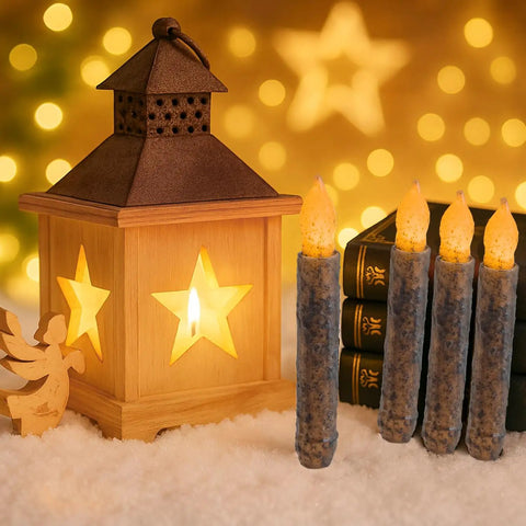 Real Wax Taper Flameless Candles Six Pack Battery Operated With Flickering Warm Glow for dining table, paired with lantern decor