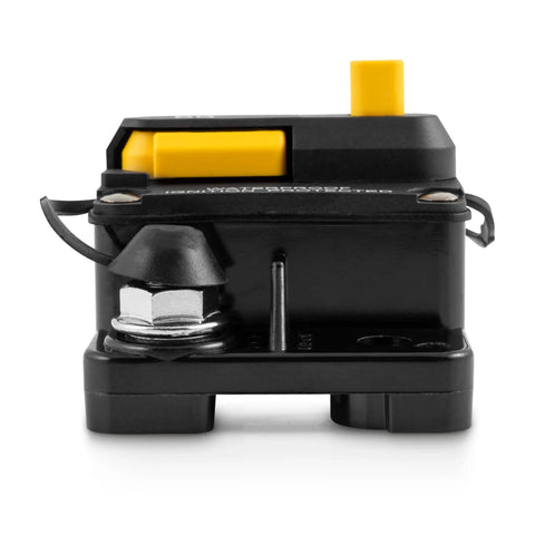 Close-up of 60 Amp Marine Grade Trolling Motor Circuit Breaker With Manual Reset And Push To Trip Power Cutoff, black and yellow